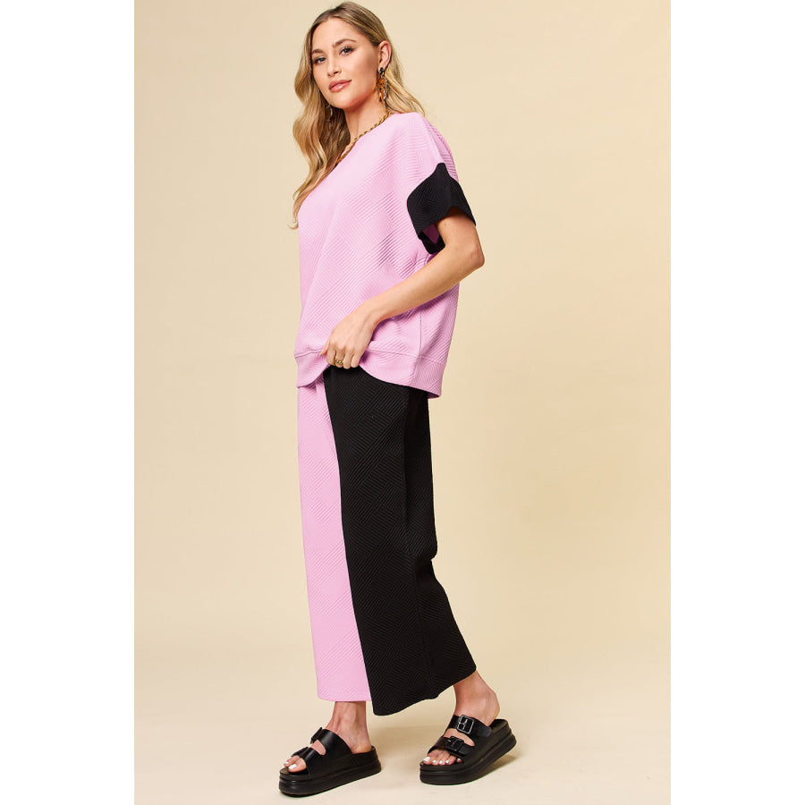 Double Take Full Size Texture Contrast T-Shirt and Wide Leg Pants Set Apparel and Accessories