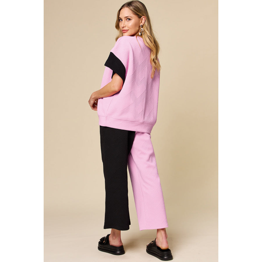 Double Take Full Size Texture Contrast T-Shirt and Wide Leg Pants Set Apparel and Accessories