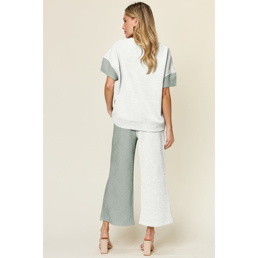 Double Take Full Size Texture Contrast T-Shirt and Wide Leg Pants Set Apparel and Accessories