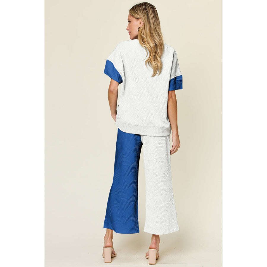 Double Take Full Size Texture Contrast T-Shirt and Wide Leg Pants Set Apparel and Accessories