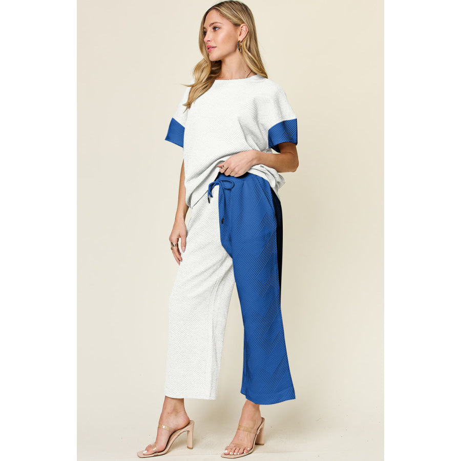 Double Take Full Size Texture Contrast T-Shirt and Wide Leg Pants Set Apparel and Accessories