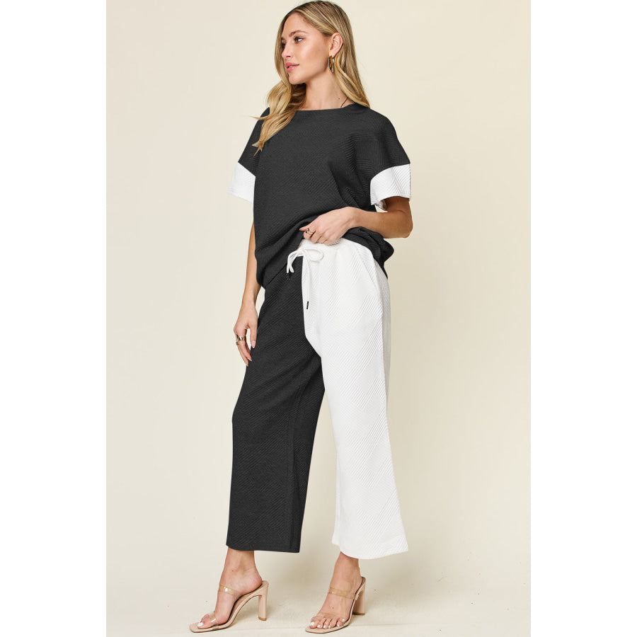 Double Take Full Size Texture Contrast T-Shirt and Wide Leg Pants Set Apparel and Accessories