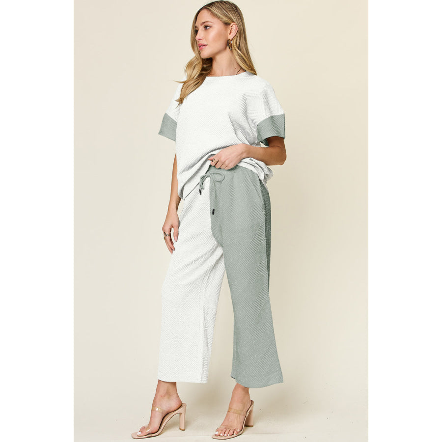 Double Take Full Size Texture Contrast T-Shirt and Wide Leg Pants Set Apparel and Accessories