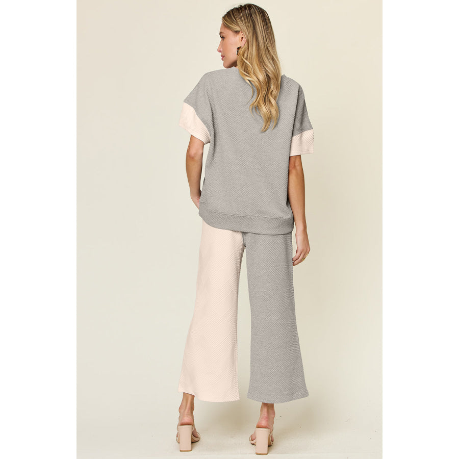 Double Take Full Size Texture Contrast T-Shirt and Wide Leg Pants Set Apparel and Accessories