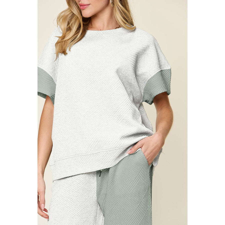 Double Take Full Size Texture Contrast T-Shirt and Wide Leg Pants Set Apparel and Accessories