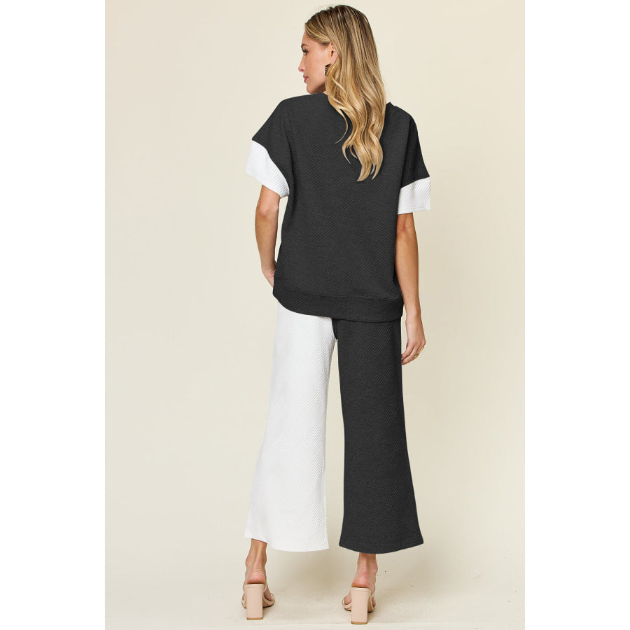 Double Take Full Size Texture Contrast T-Shirt and Wide Leg Pants Set Apparel and Accessories