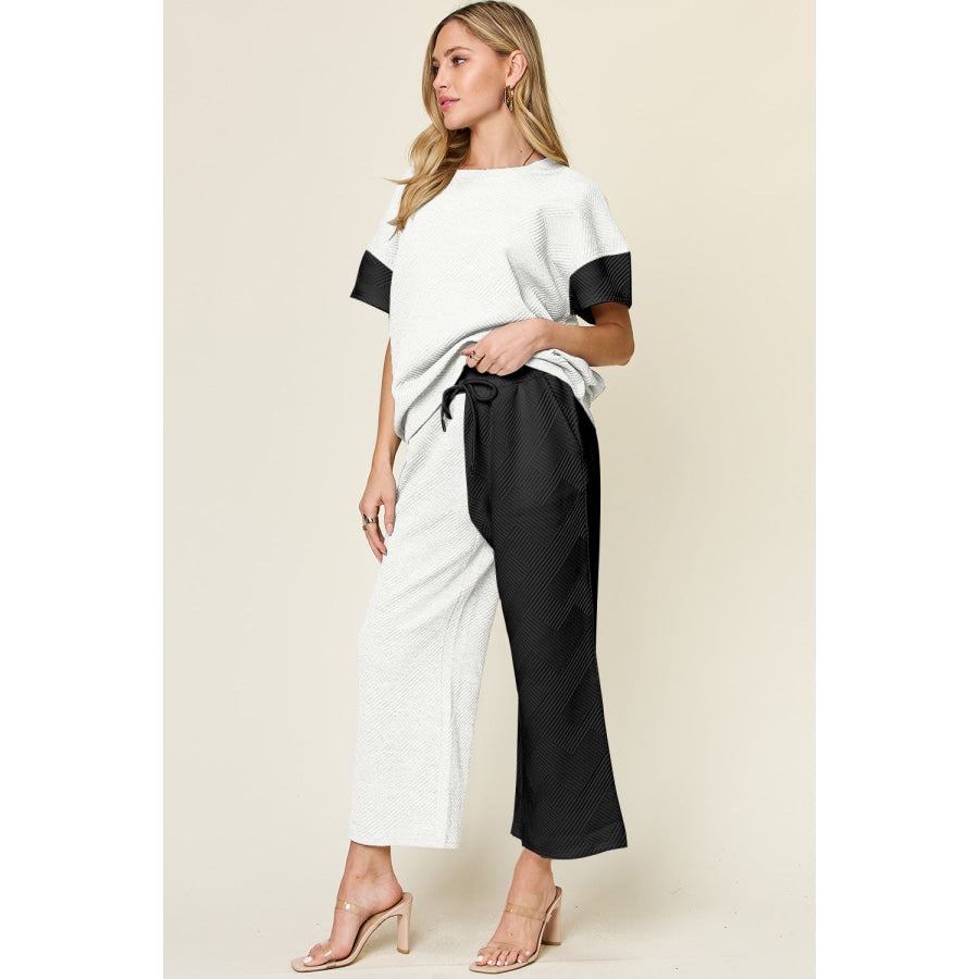 Double Take Full Size Texture Contrast T-Shirt and Wide Leg Pants Set Apparel and Accessories