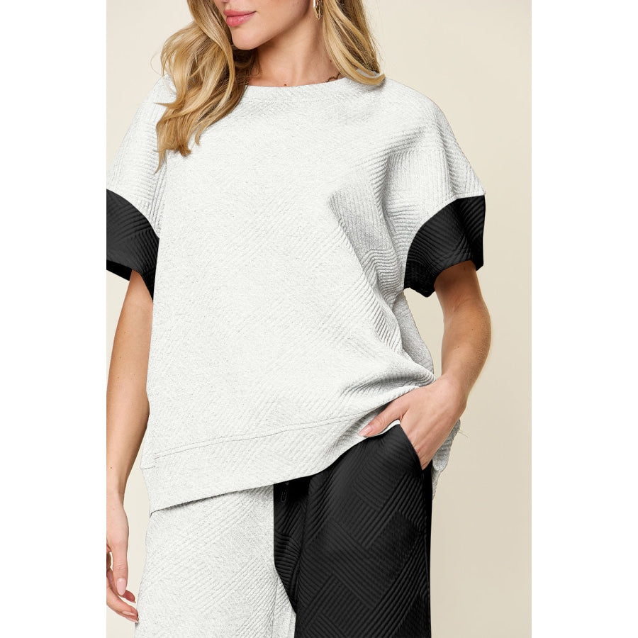 Double Take Full Size Texture Contrast T-Shirt and Wide Leg Pants Set Apparel and Accessories