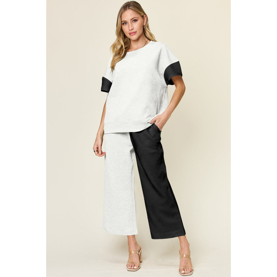 Double Take Full Size Texture Contrast T-Shirt and Wide Leg Pants Set Black / S Apparel and Accessories