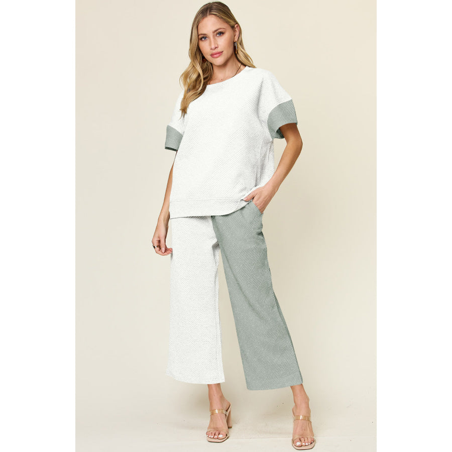 Double Take Full Size Texture Contrast T-Shirt and Wide Leg Pants Set Gray / S Apparel and Accessories