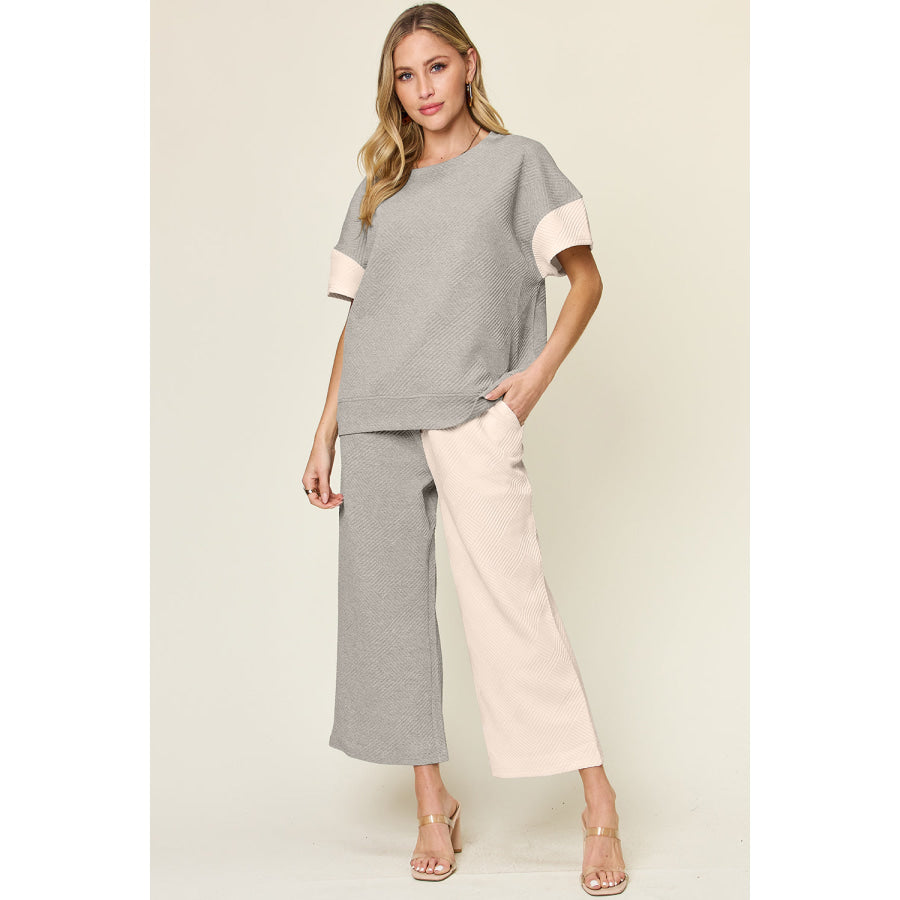 Double Take Full Size Texture Contrast T-Shirt and Wide Leg Pants Set Light Gray / S Apparel and Accessories