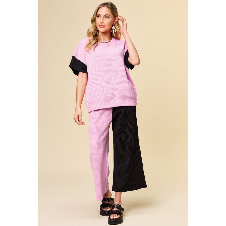 Double Take Full Size Texture Contrast T-Shirt and Wide Leg Pants Set Pink / S Apparel and Accessories