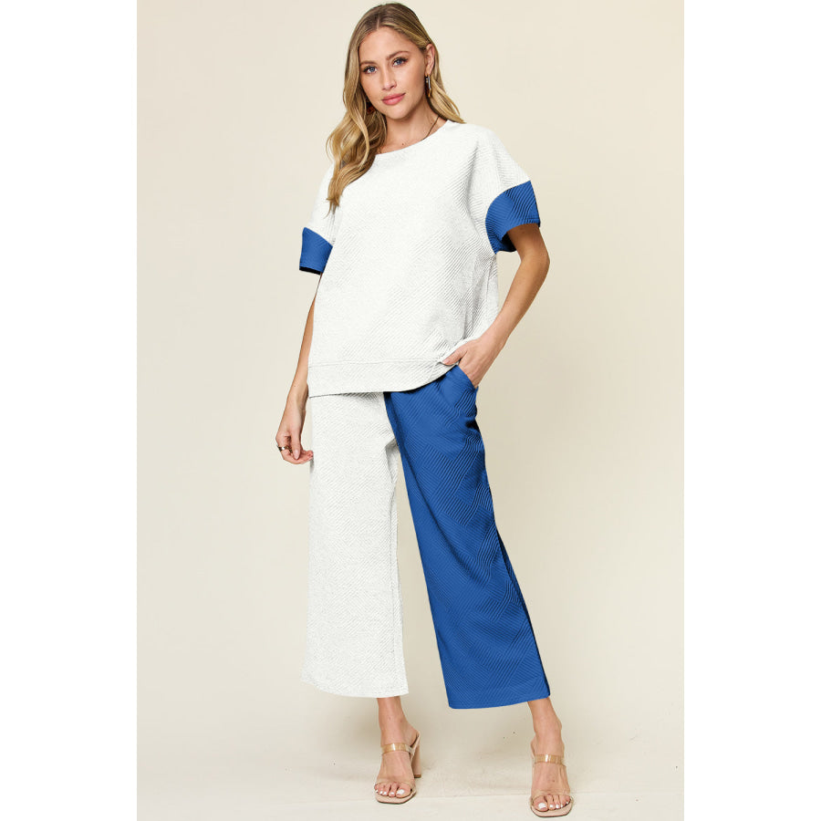 Double Take Full Size Texture Contrast T-Shirt and Wide Leg Pants Set Royal Blue / S Apparel and Accessories