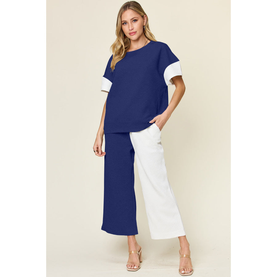 Double Take Full Size Texture Contrast T-Shirt and Wide Leg Pants Set Royal Blue / S Apparel and Accessories