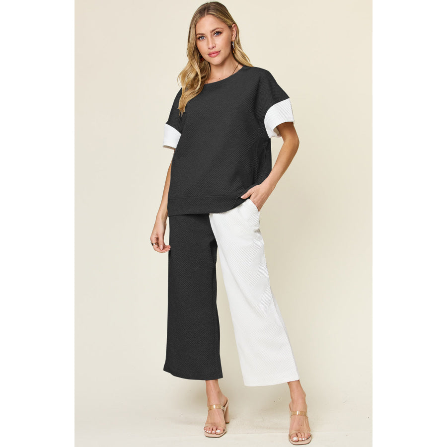 Double Take Full Size Texture Contrast T-Shirt and Wide Leg Pants Set White / S Apparel and Accessories