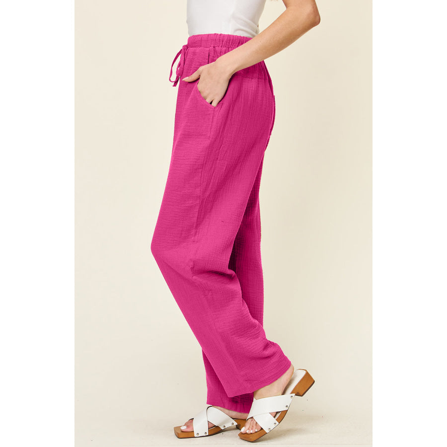 Double Take Full Size Texture Drawstring Straight Pants Apparel and Accessories