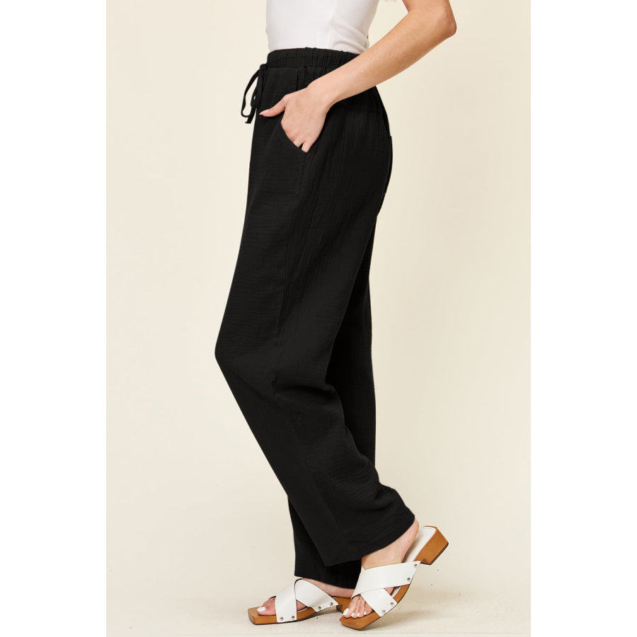 Double Take Full Size Texture Drawstring Straight Pants Apparel and Accessories