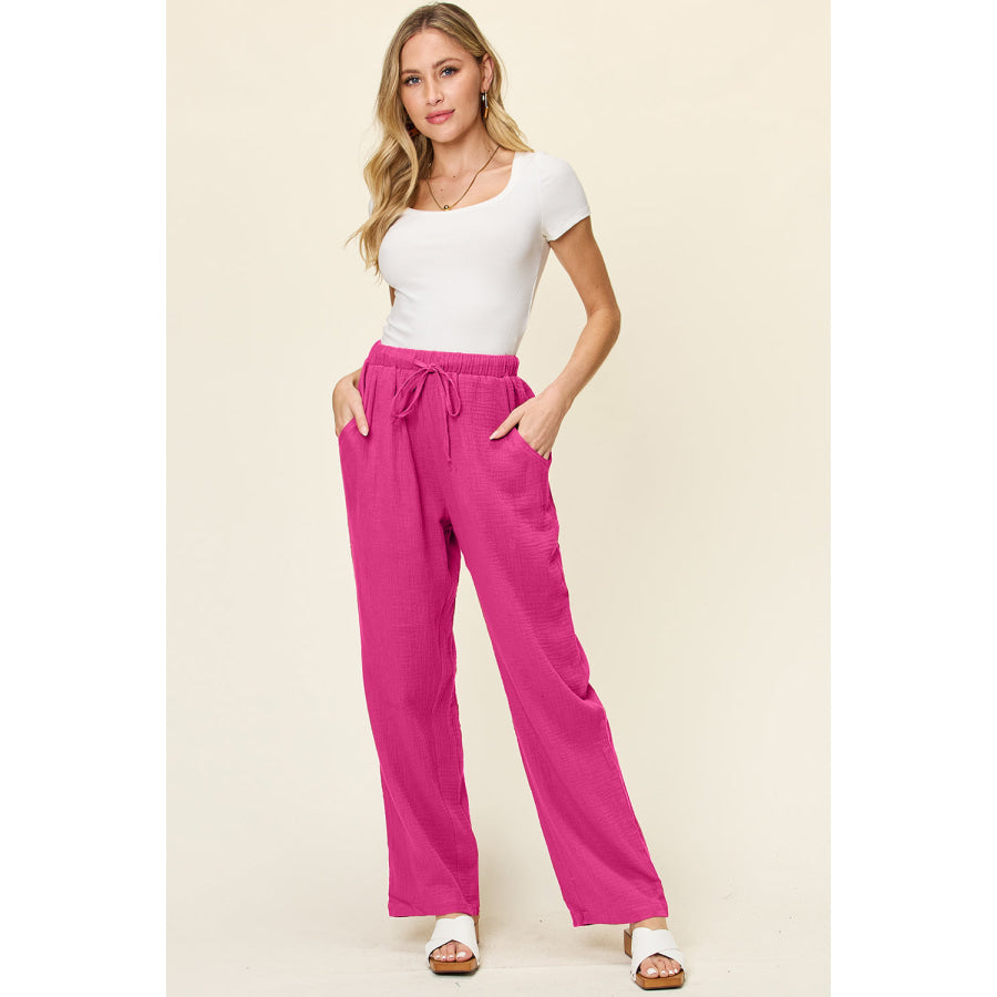 Double Take Full Size Texture Drawstring Straight Pants Apparel and Accessories