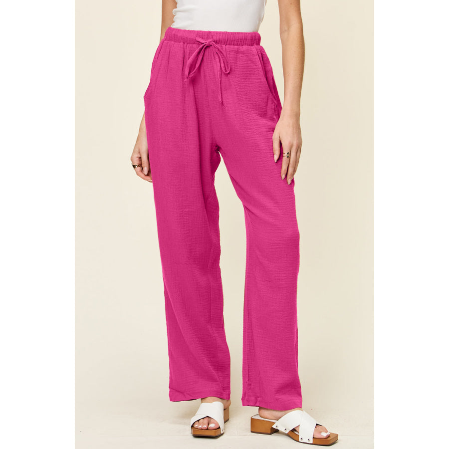 Double Take Full Size Texture Drawstring Straight Pants Hot Pink / S Apparel and Accessories