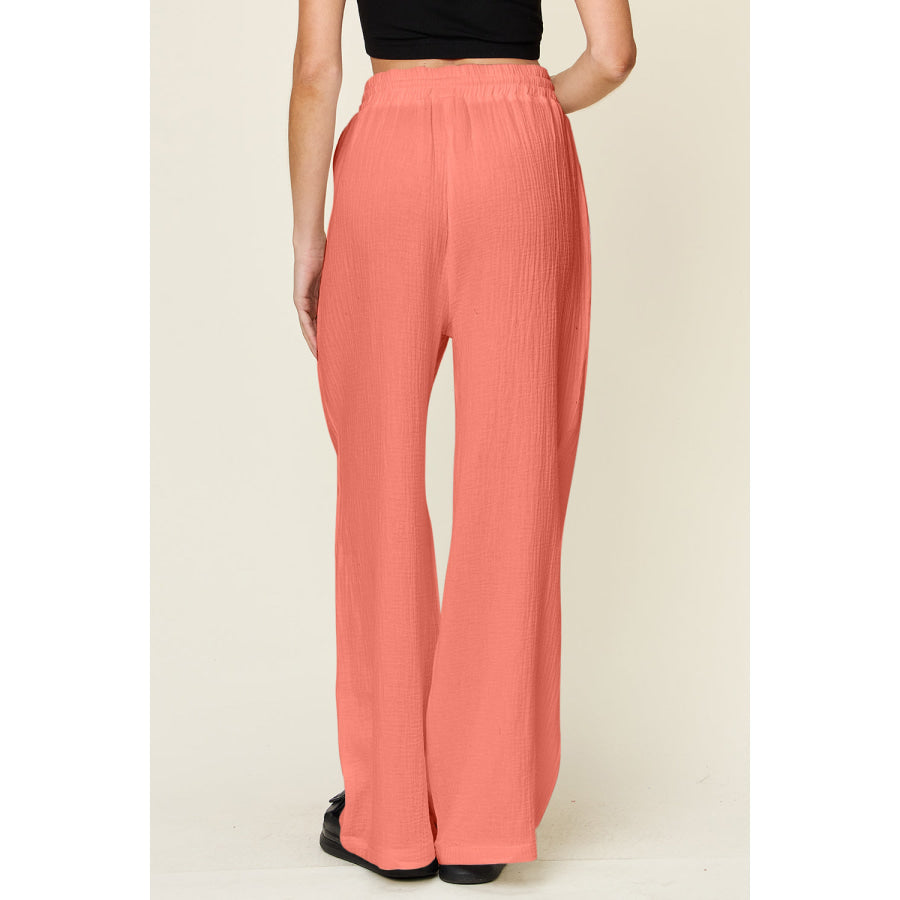 Double Take Full Size Texture Drawstring Wide Leg Pants Apparel and Accessories