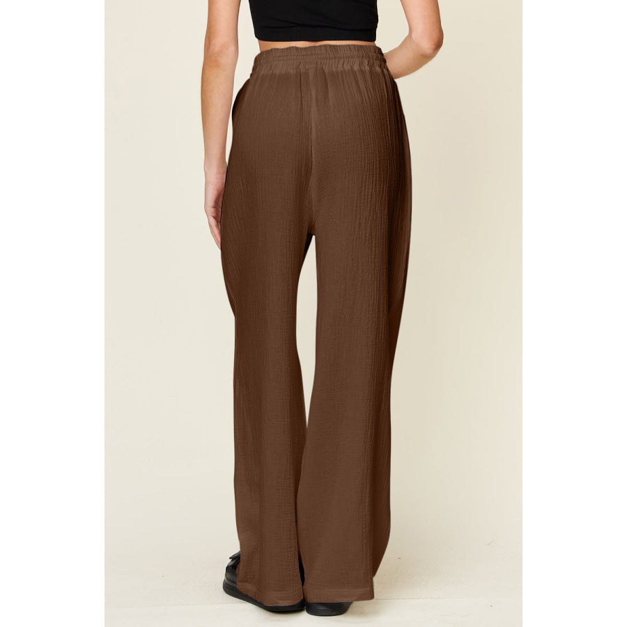 Double Take Full Size Texture Drawstring Wide Leg Pants Apparel and Accessories