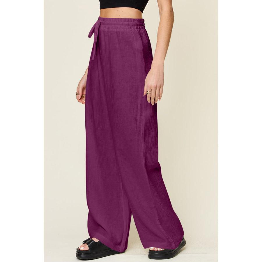 Double Take Full Size Texture Drawstring Wide Leg Pants Apparel and Accessories