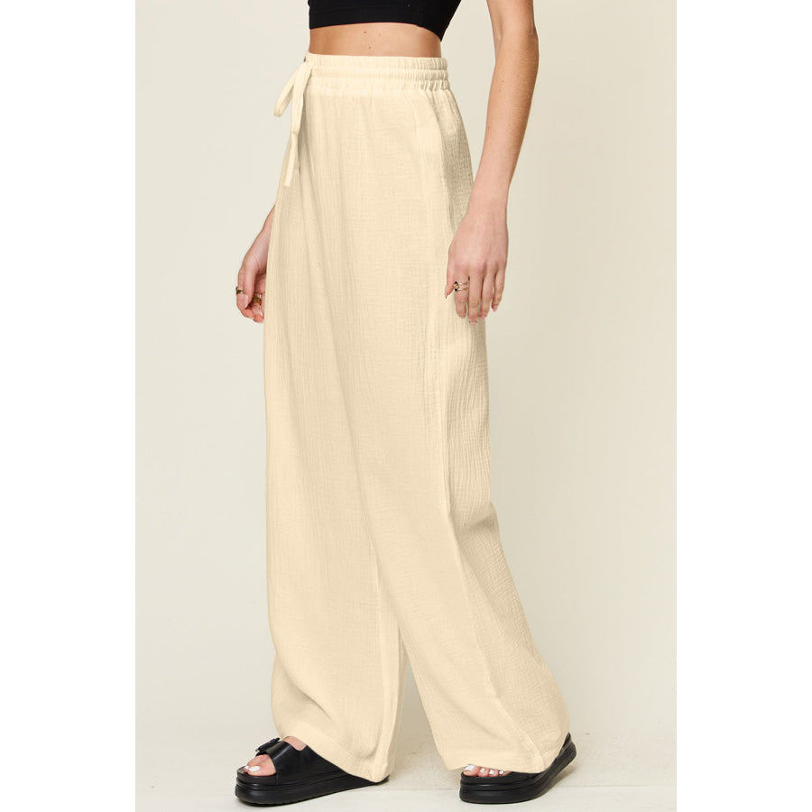 Double Take Full Size Texture Drawstring Wide Leg Pants Apparel and Accessories