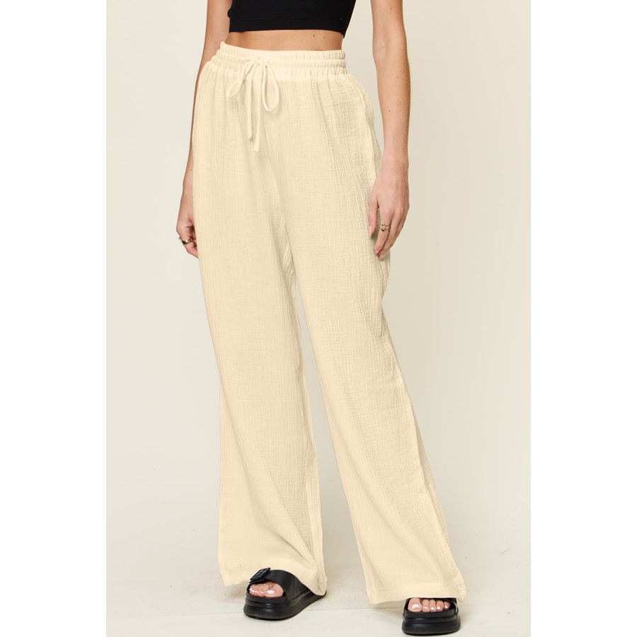 Double Take Full Size Texture Drawstring Wide Leg Pants Apparel and Accessories