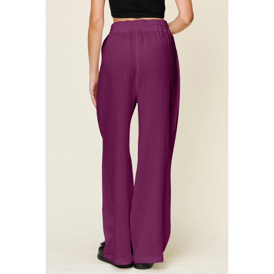 Double Take Full Size Texture Drawstring Wide Leg Pants Apparel and Accessories