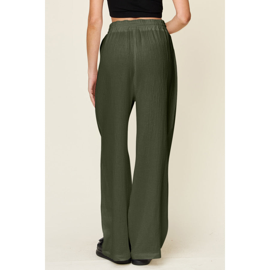 Double Take Full Size Texture Drawstring Wide Leg Pants Apparel and Accessories