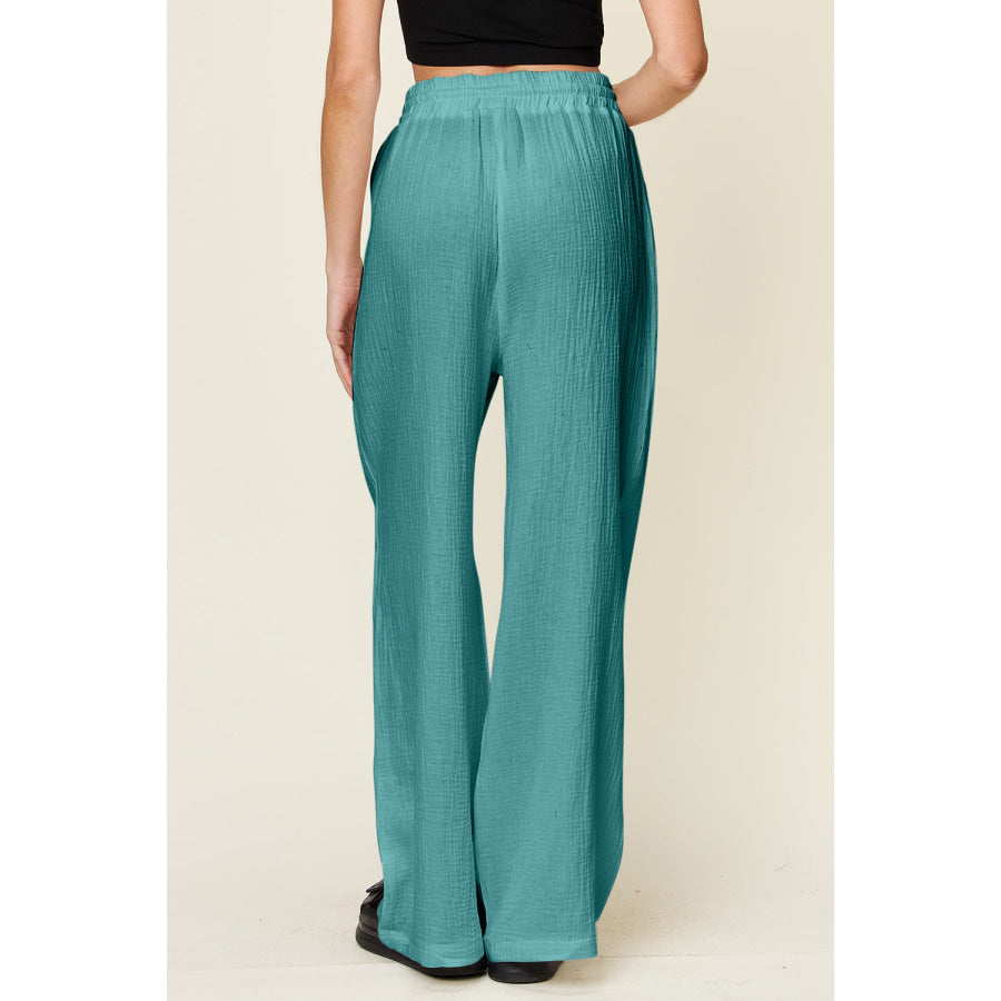 Double Take Full Size Texture Drawstring Wide Leg Pants Apparel and Accessories