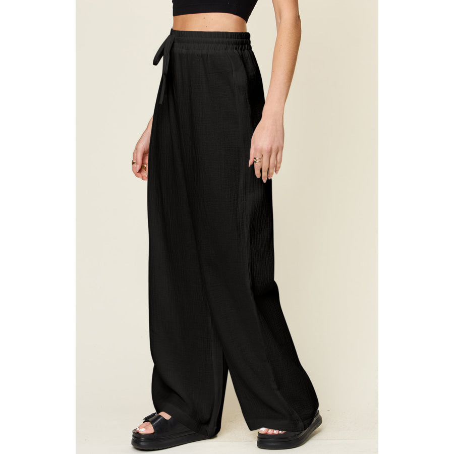 Double Take Full Size Texture Drawstring Wide Leg Pants Apparel and Accessories