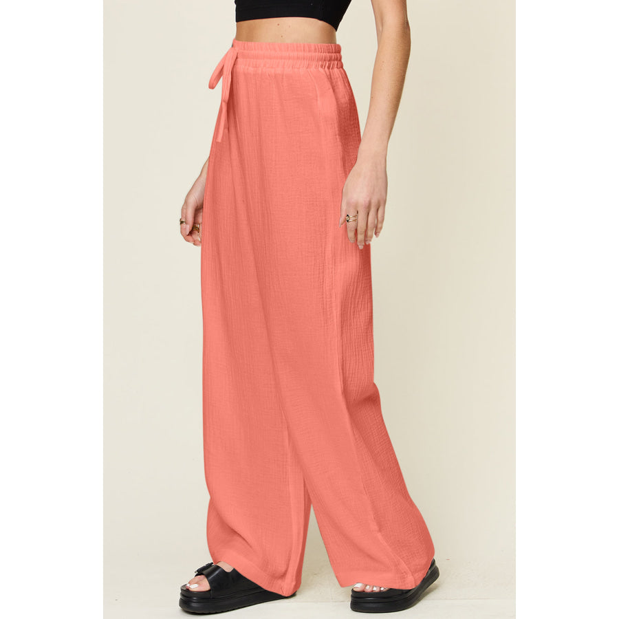 Double Take Full Size Texture Drawstring Wide Leg Pants Apparel and Accessories