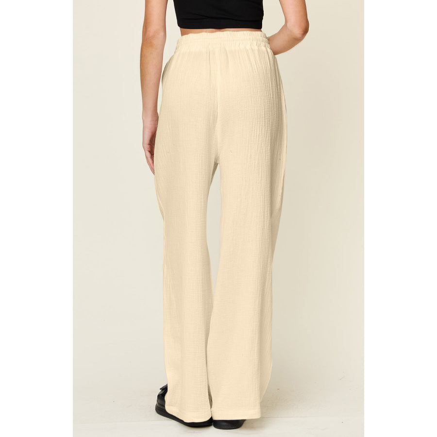 Double Take Full Size Texture Drawstring Wide Leg Pants Apparel and Accessories