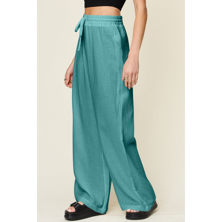 Double Take Full Size Texture Drawstring Wide Leg Pants Apparel and Accessories