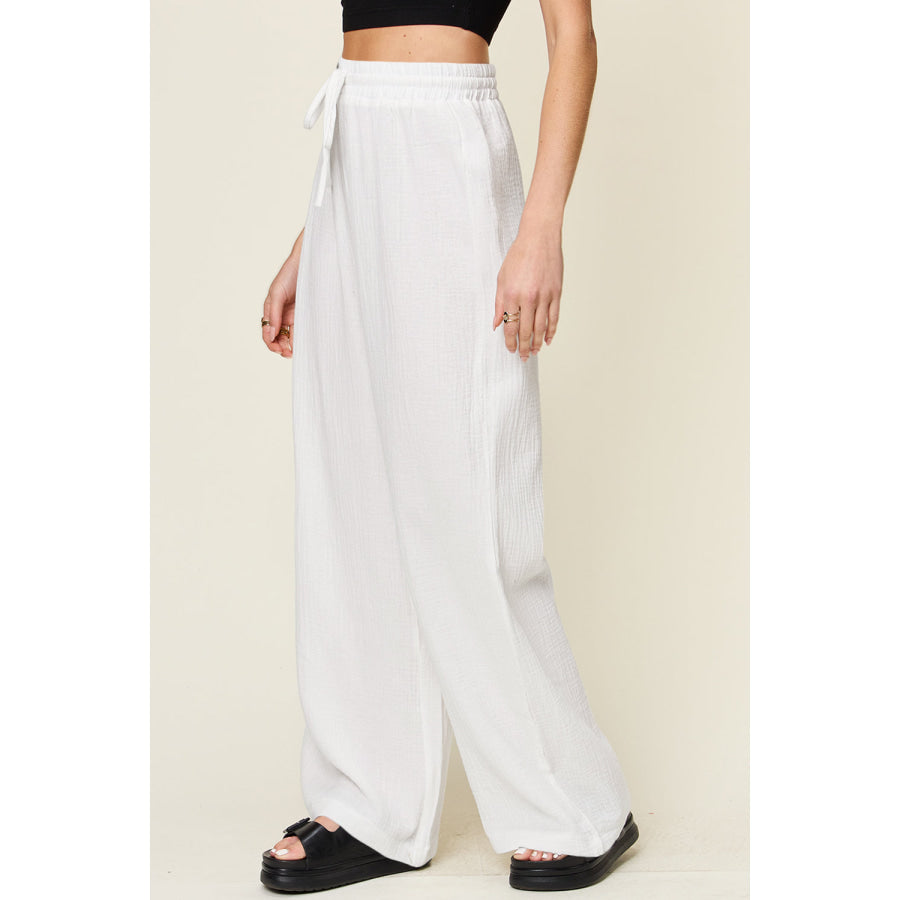 Double Take Full Size Texture Drawstring Wide Leg Pants Apparel and Accessories