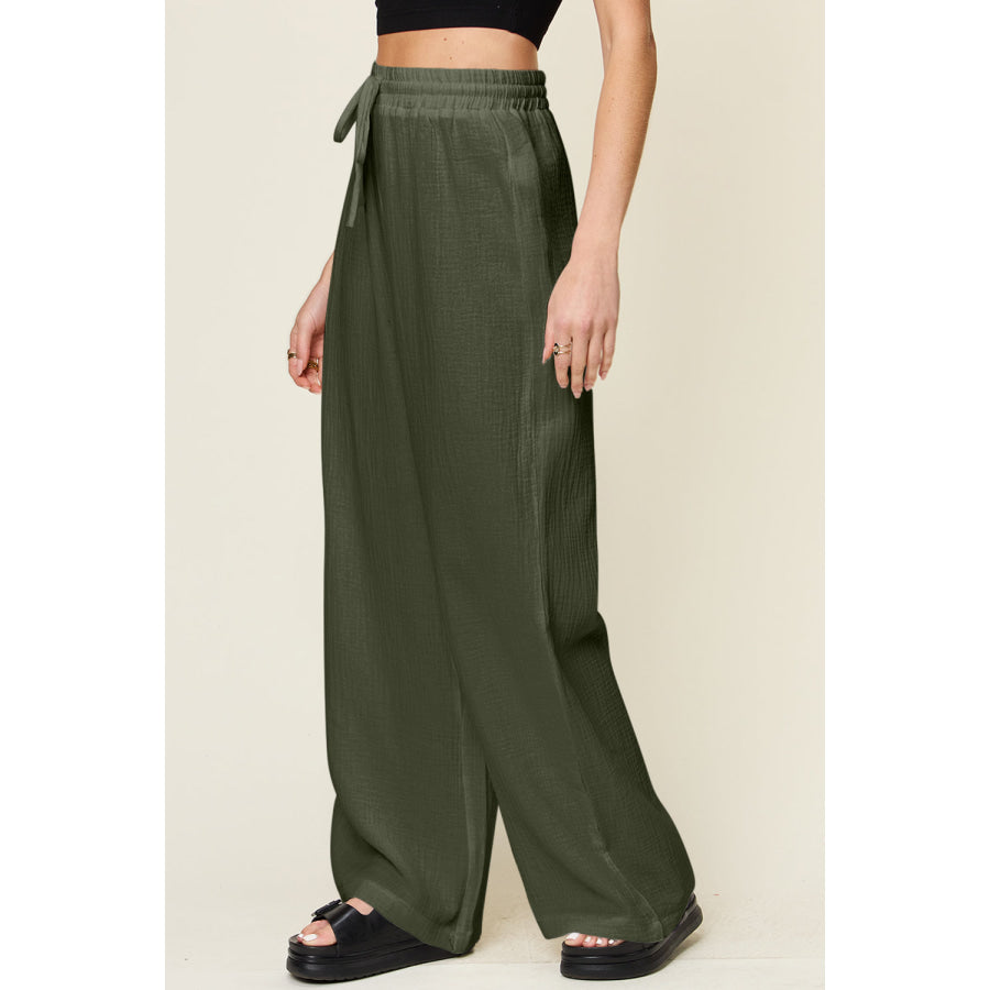 Double Take Full Size Texture Drawstring Wide Leg Pants Apparel and Accessories