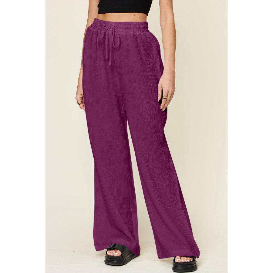 Double Take Full Size Texture Drawstring Wide Leg Pants Apparel and Accessories