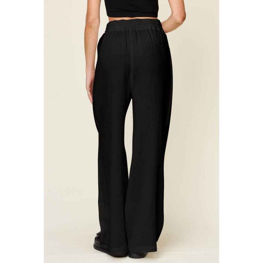 Double Take Full Size Texture Drawstring Wide Leg Pants Apparel and Accessories