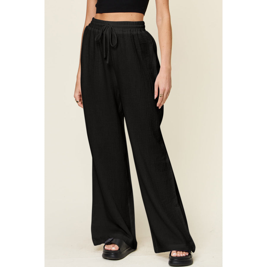 Double Take Full Size Texture Drawstring Wide Leg Pants Black / S Apparel and Accessories