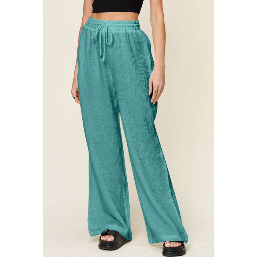 Double Take Full Size Texture Drawstring Wide Leg Pants Cerulean / S Apparel and Accessories