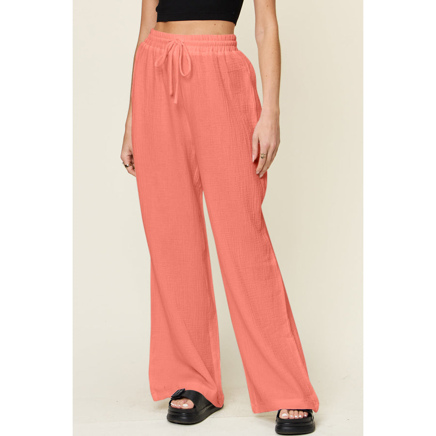 Double Take Full Size Texture Drawstring Wide Leg Pants Watermelon pink / S Apparel and Accessories