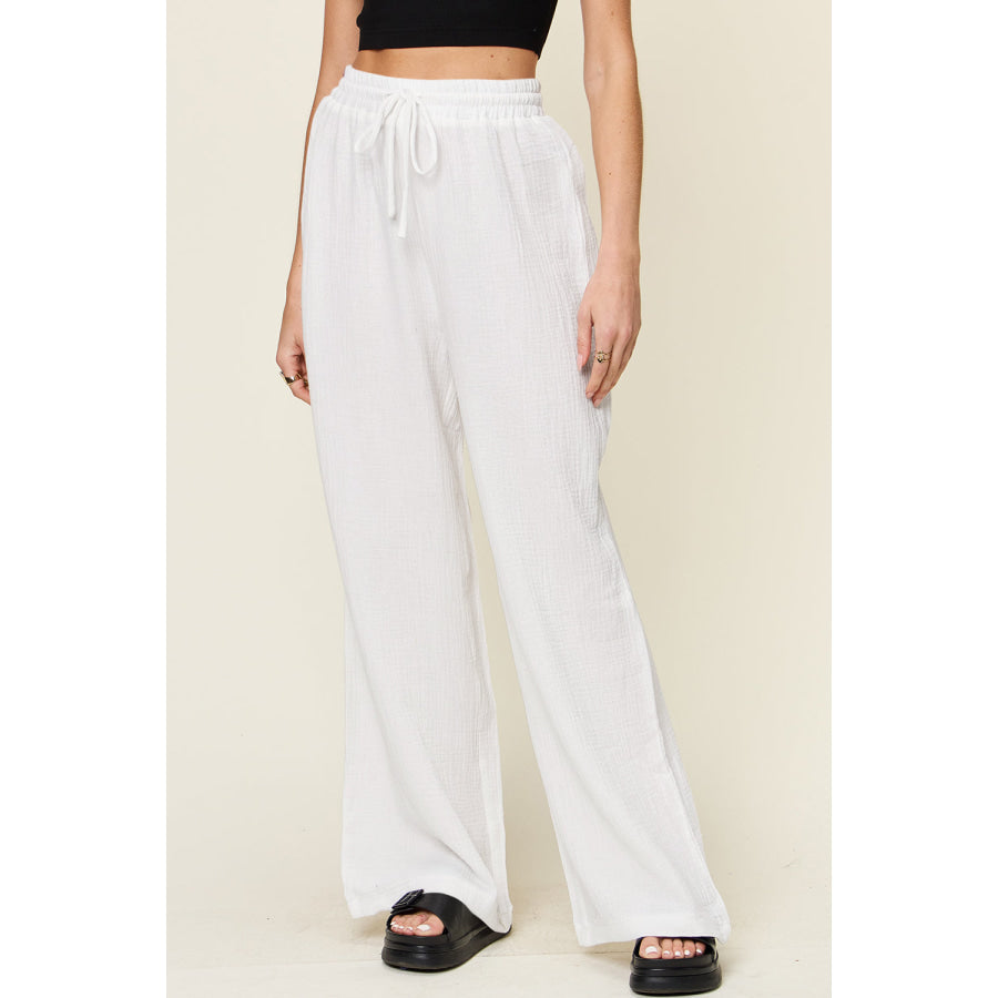 Double Take Full Size Texture Drawstring Wide Leg Pants White / S Apparel and Accessories