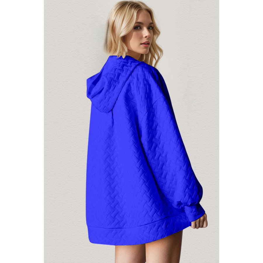 Double Take Full Size Texture Drop Shoulder Long Sleeve Hoodie Royal Blue / S Apparel and Accessories