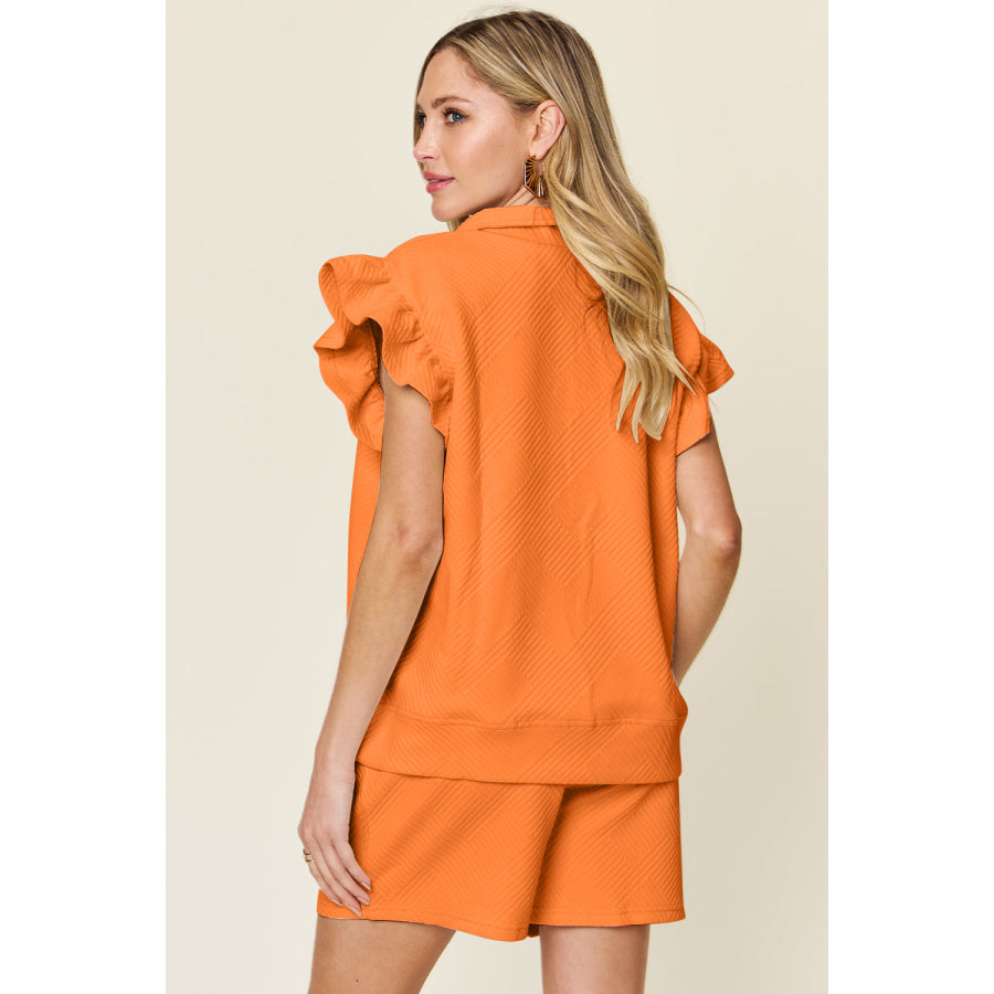 Double Take Full Size Texture Flounce Sleeve Top and Drawstring Shorts Set Apparel and Accessories