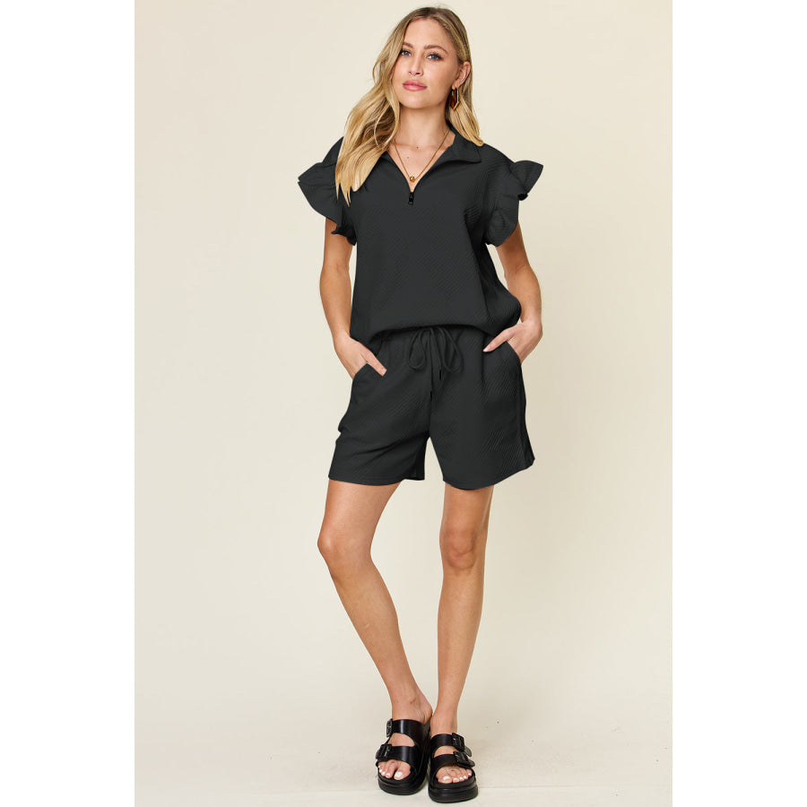 Double Take Full Size Texture Flounce Sleeve Top and Drawstring Shorts Set Apparel and Accessories