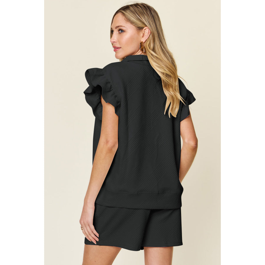 Double Take Full Size Texture Flounce Sleeve Top and Drawstring Shorts Set Apparel and Accessories