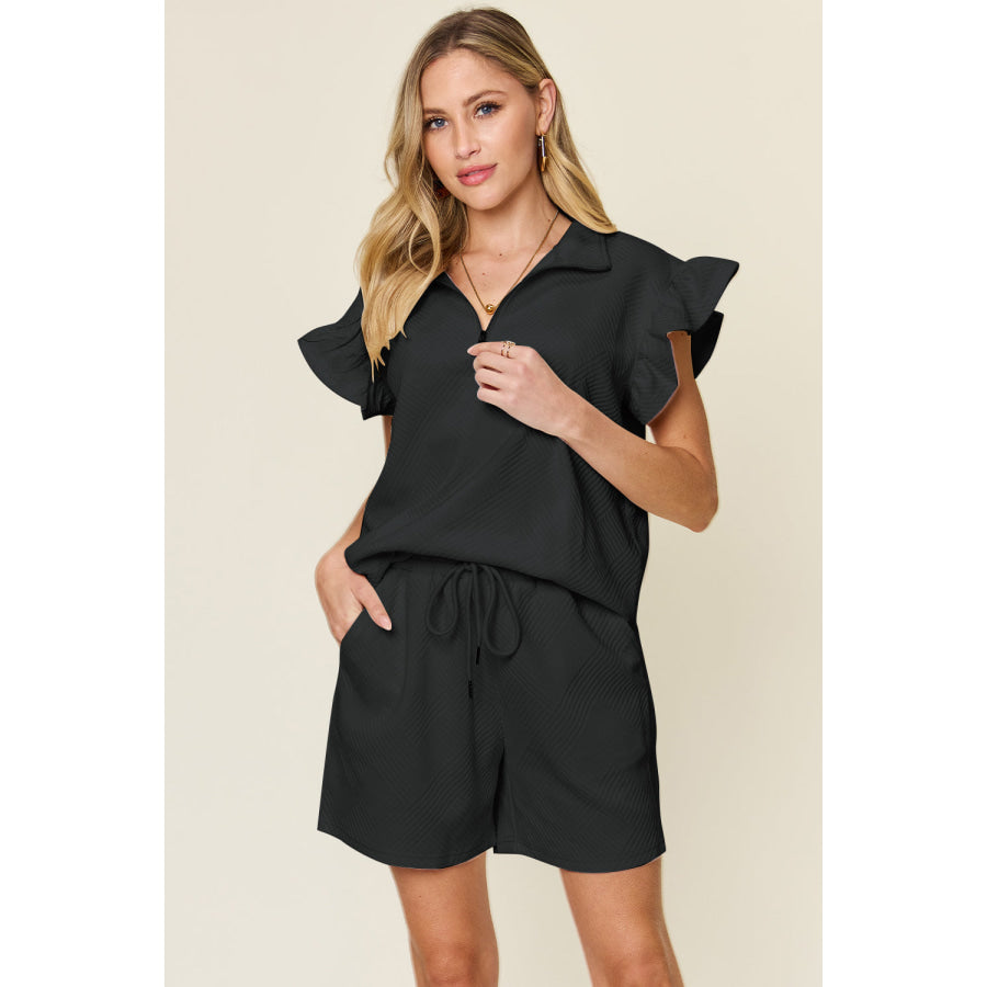 Double Take Full Size Texture Flounce Sleeve Top and Drawstring Shorts Set Black / S Apparel and Accessories