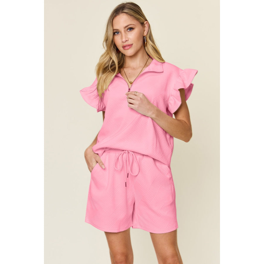 Double Take Full Size Texture Flounce Sleeve Top and Drawstring Shorts Set Carnation Pink / S Apparel and Accessories