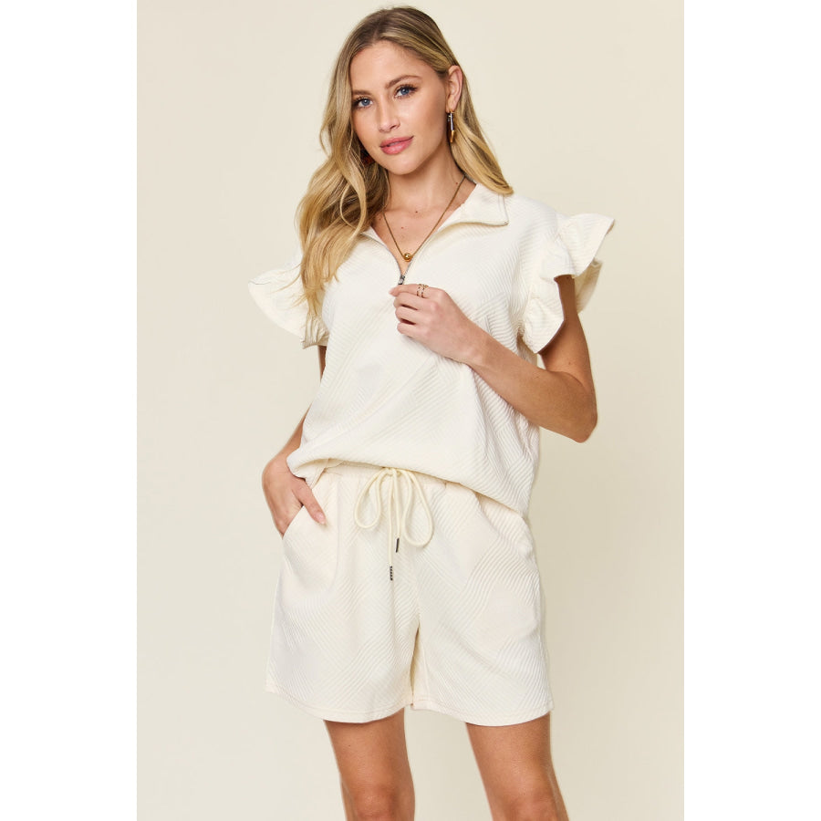 Double Take Full Size Texture Flounce Sleeve Top and Drawstring Shorts Set Cream / S Apparel and Accessories